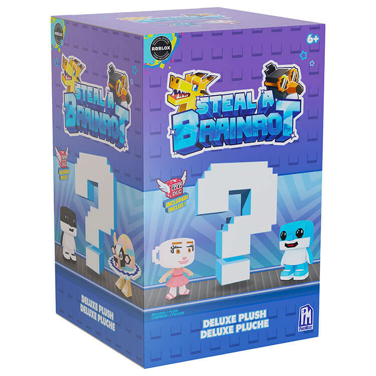 Steal A Brainrot Deluxe Plush collectible box featuring vibrant characters and question mark design