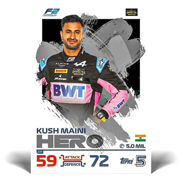 Topps F1 Turbo Attax 2024 trading card featuring Kush Maini in BWT racing suit from F2 series with attack, defense stats