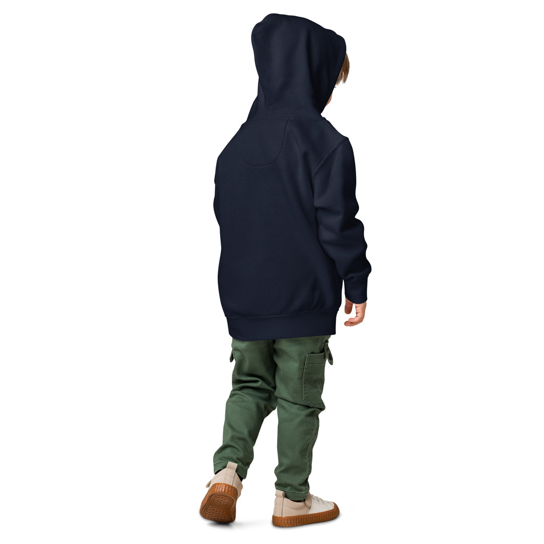 Child wearing Oddy Pro Toddler fleece pullover hoodie in navy, showing back view for comfort and style.