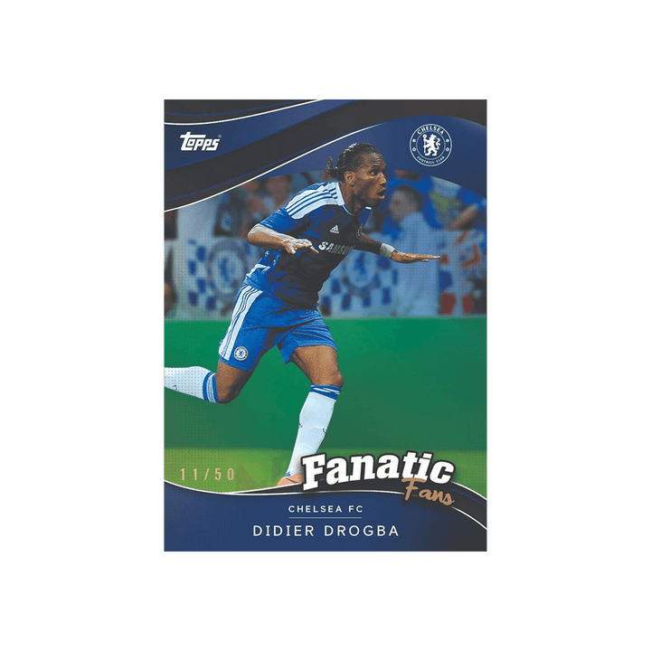 Topps Chelsea FC Fan Set card featuring Didier Drogba celebrating a goal, numbered 11/50.