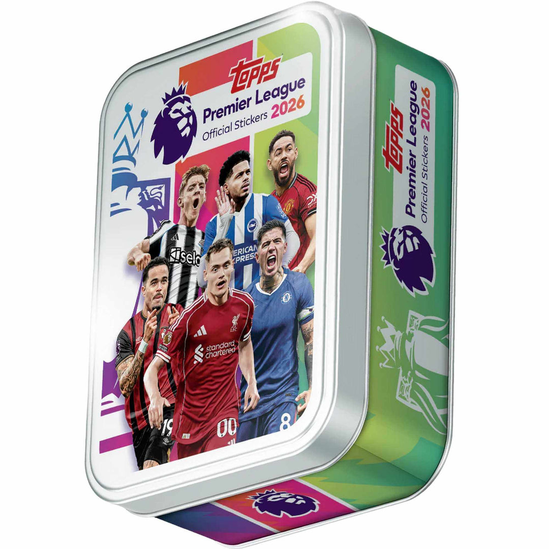 Premier League 2026 Stickers Mini Tin showcasing top players and vibrant design.