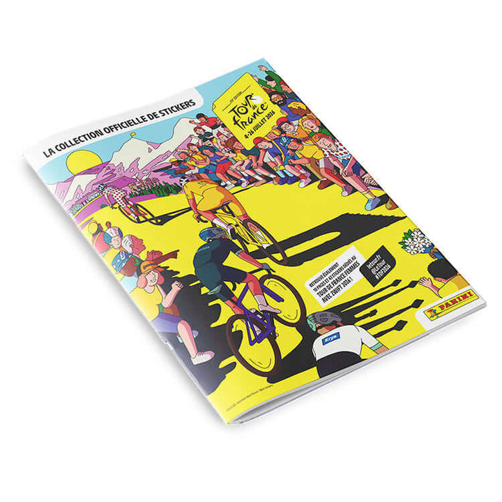 Tour de France 2026 sticker collection showcasing vibrant artwork and cycling themes on the album cover.