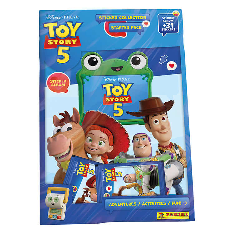 Toy Story 5 Sticker Collection starter pack featuring Woody, Buzz, Jessie, and stickers for kids&