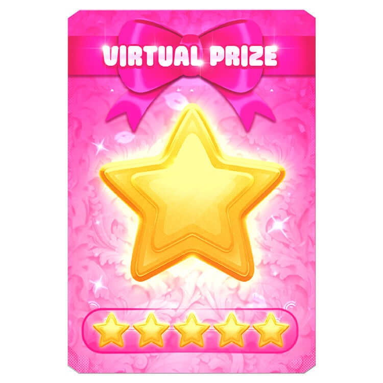 Virtual prize card featuring a gold star on a pink background with a bow, representing rewards in gaming.