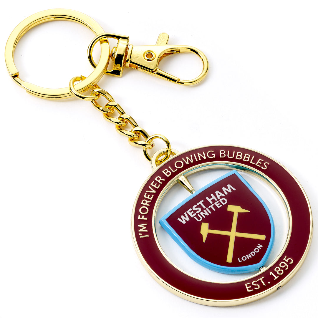 West Ham spinning keyring featuring the club shield and 'I'm Forever Blowing Bubbles' inscription.
