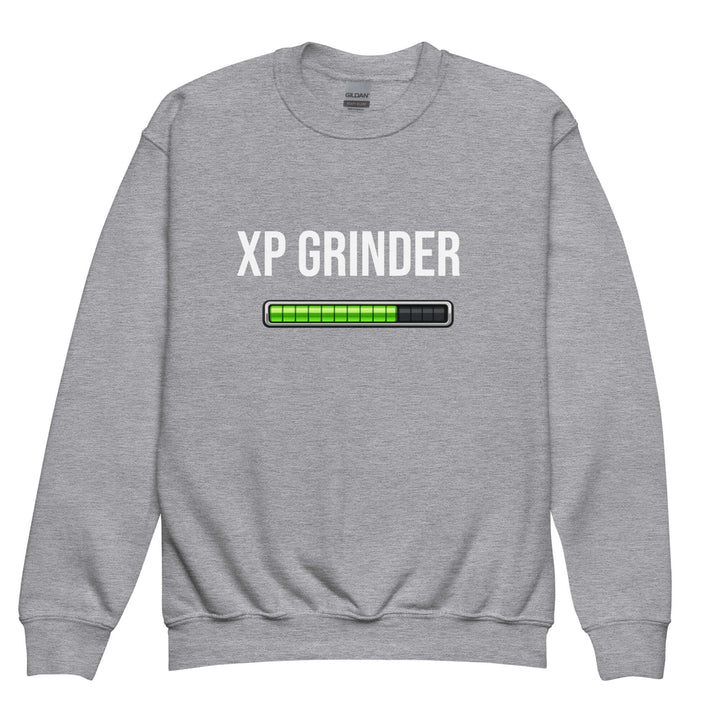 XP Grinder Youth crewneck sweatshirt in gray with loading graphic and text design