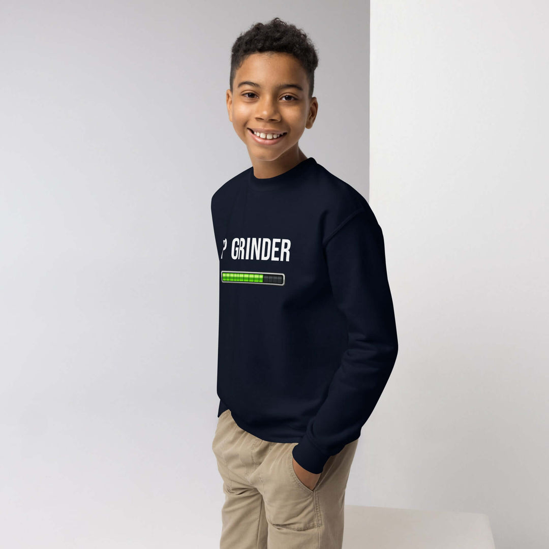 XP Grinder Youth crewneck sweatshirt modeled by a smiling boy, featuring a cool design and soft fabric.