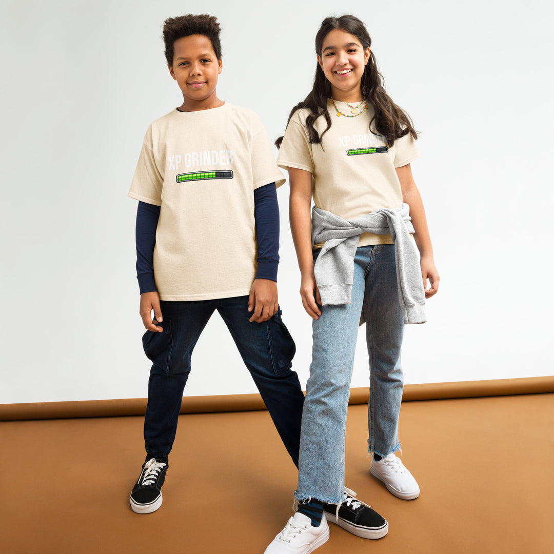 Two children wearing the XP Grinder Youth classic tee in a casual setting, showcasing its comfort and style.