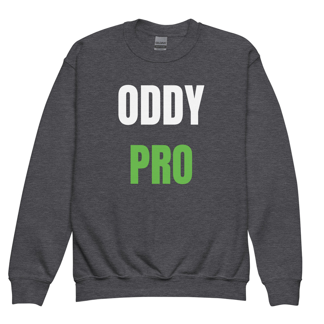 Oddy Pro Youth crewneck sweatshirt in dark gray featuring bold white text and green accents.