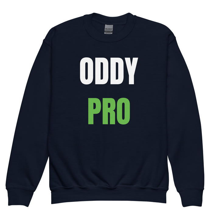 Oddy Pro Youth crewneck sweatshirt in navy blue with bold white and green text.