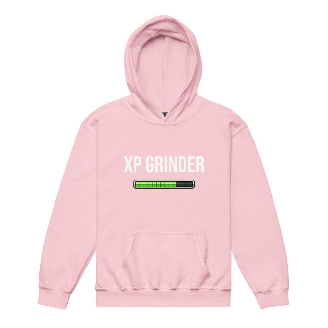 XP Grinder Youth heavy blend hoodie in pink with graphic loading bar design