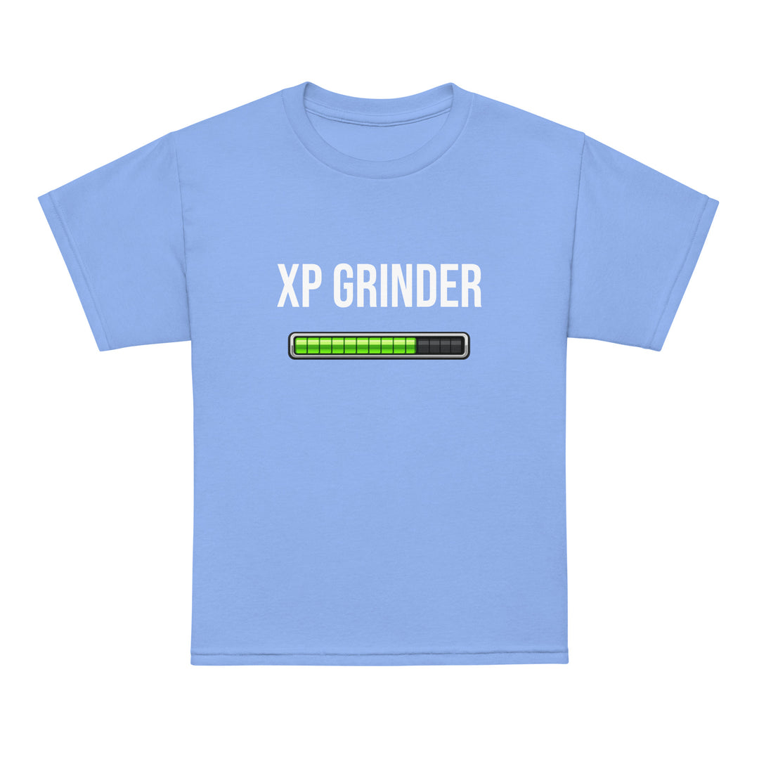 XP Grinder Youth t-shirt in blue with a progress bar design, perfect for active kids.