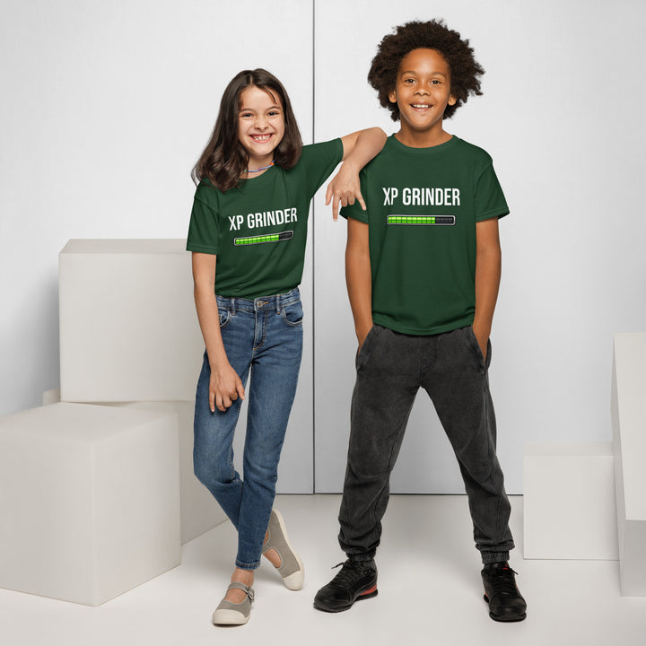 Two kids wearing XP Grinder Youth t-shirt in green, posing together in a modern setting.